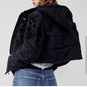 NWT • FREE PEOPLE  Black and Gray Denim Embellished Puffer Jacket